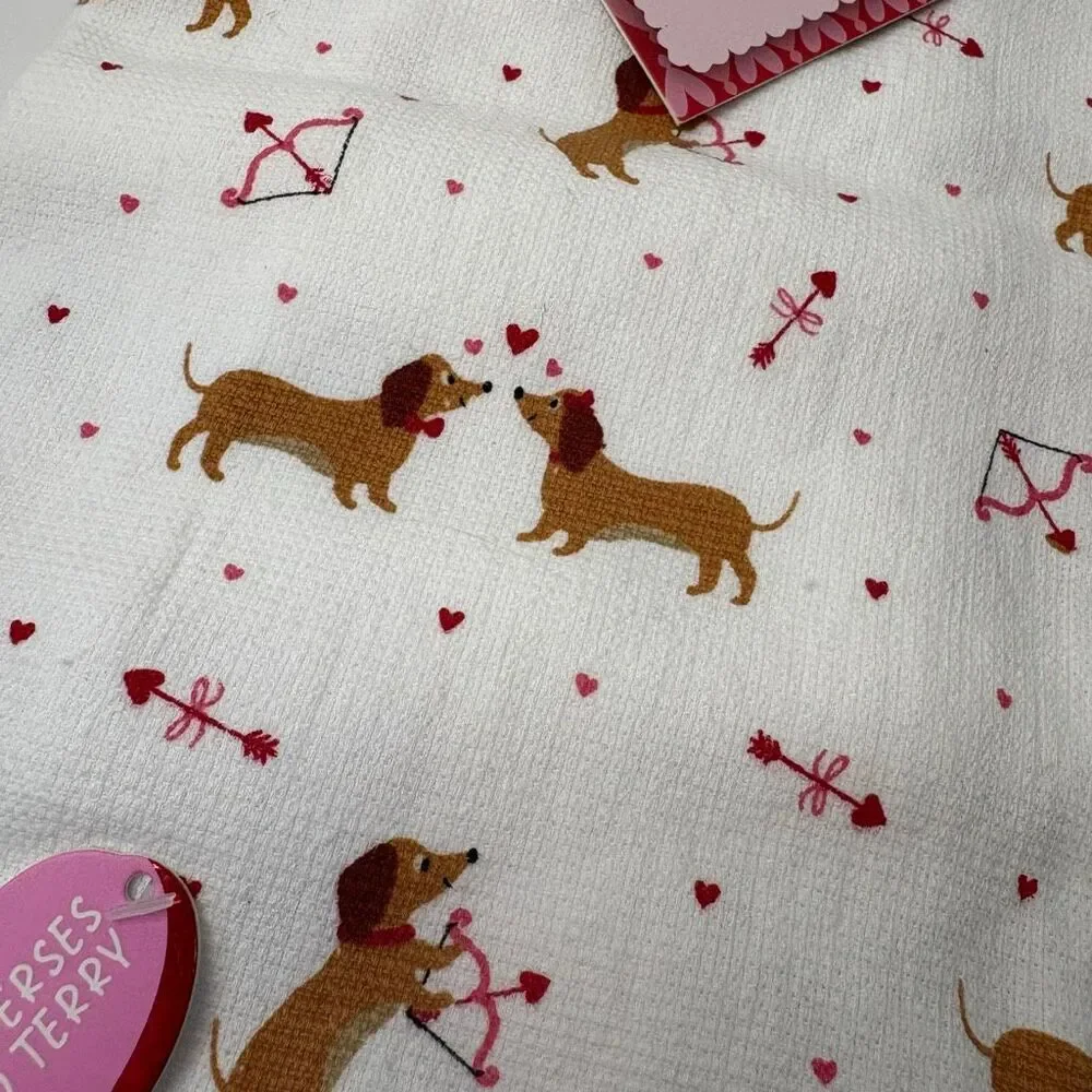 White Pink Red Dachshund Heart Kitchen Towels 2 Pack 100 Cotton Reversible Terry